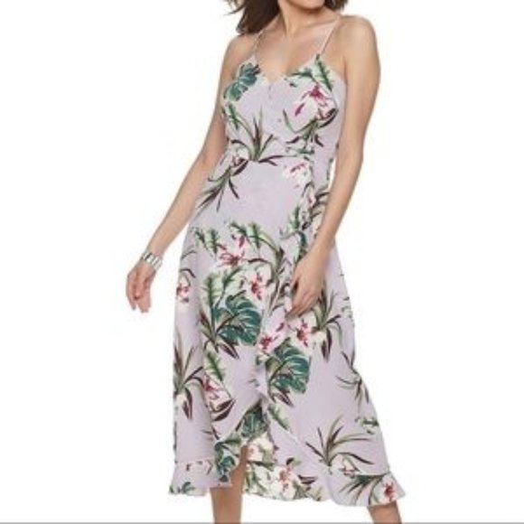 NWT Jennifer Lopez Floral Ruffled Wrap Dress Palm Trees - Picture 1 of 7